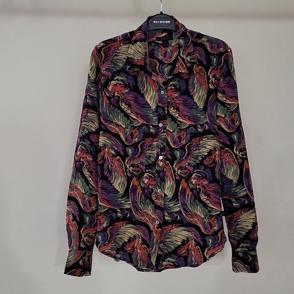 NWOT True Religion Angels Wings Print 100% Silk Button Down Shirt - Picture 2 of 13